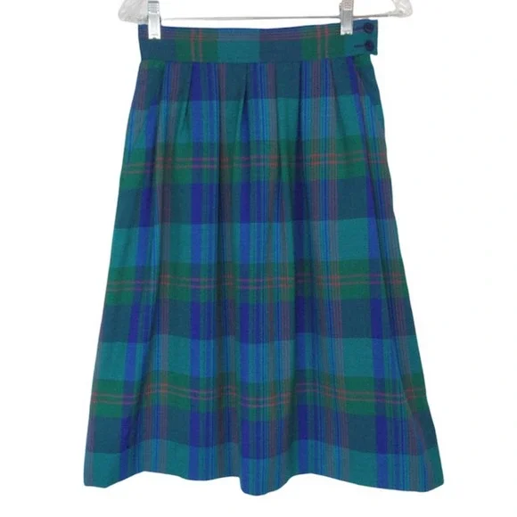 Vintage Miss Pendleton Blue Plaid Pleated Midi Skirt Virgin Wool Women’s XS - Picture 1 of 14